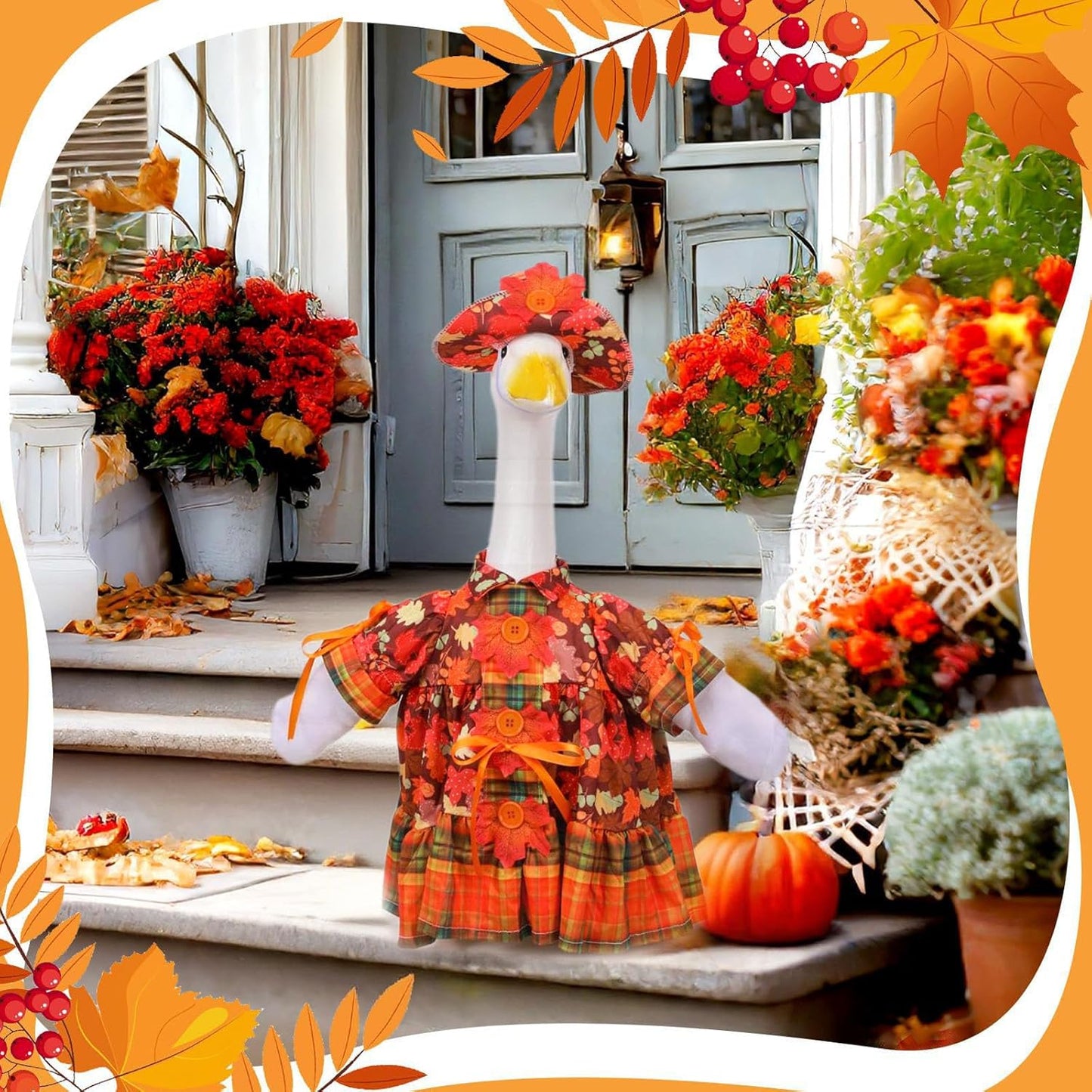 Fall Porch Goose Outfit Set for 23'' Plastic Statue Lawn Porch Goose Clothes with Thanksgiving Day Maple Leaf Skirt Hat Costume for Indoor Outdoor Patio Yard Lawn Art Decor