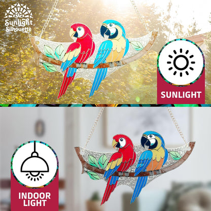 Macaw Bird Stained Glass Suncatcher on Branch 6.4" x 4" Indoor Window Decoration, Ideal Gift for Bird Lovers