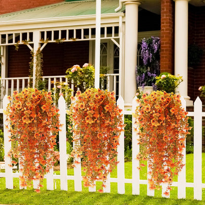 6 Pcs Artificial Fall Hanging Flowers Outdoor Silk Mum Plants Autumn Decor Faux Violet with Eucalyptus Realistic UV Resistant Trailing Vine Thanksgiving Porch Yard(Warm Color,Violet)
