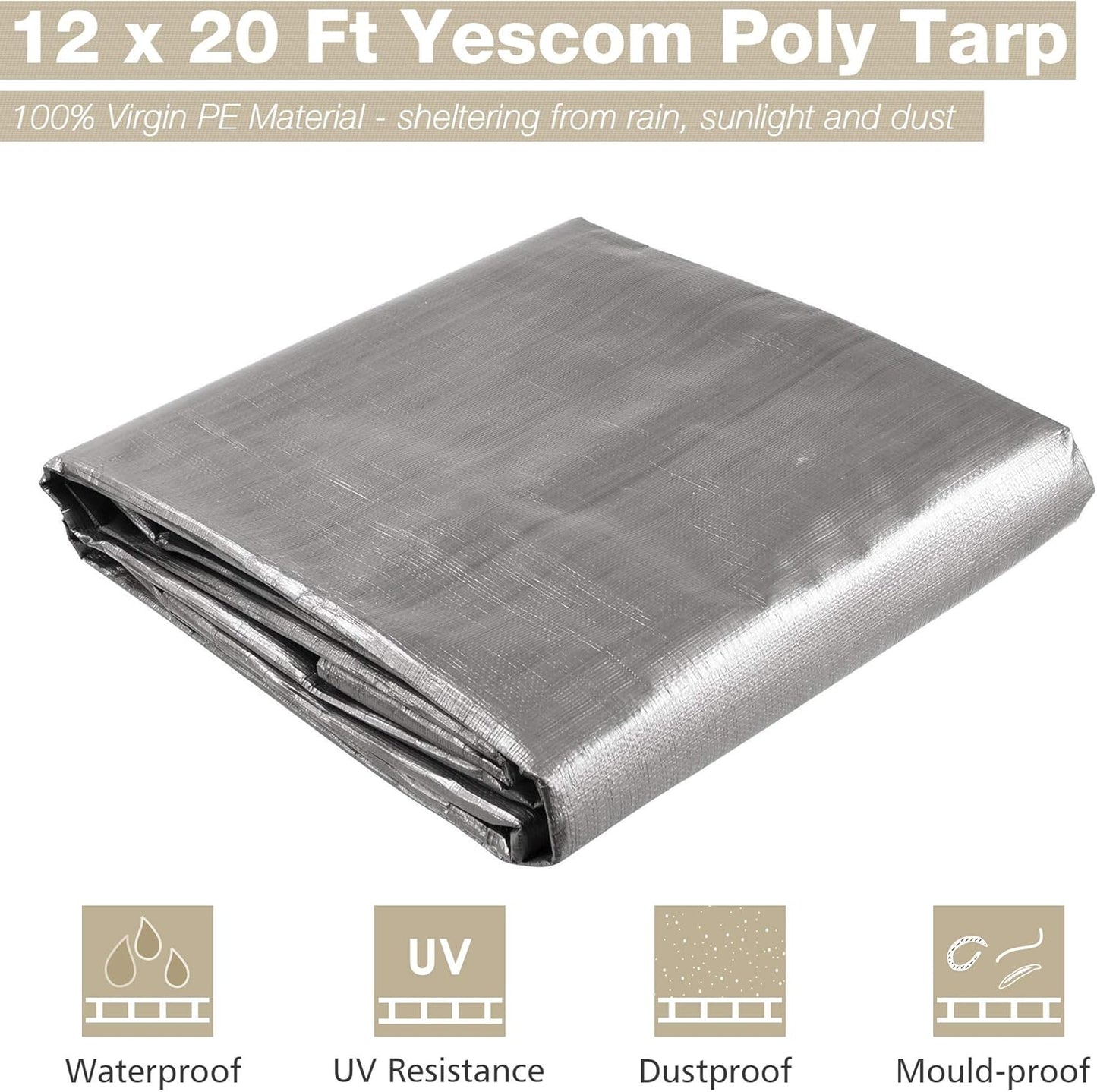 Yescom 12x20 Ft 10 Mil Poly Tarp Protective Cover Tarpaulin Heavy Duty Reversible Silver Black Tarps