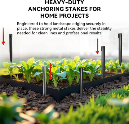 Metal Landscape Edging Stakes, 13Pcs 8Inch Galvanized Steel Garden Stakes Solid Top Curved Anchoring Spikes with Reinforcing Rib, for Corrugated Edge, Terrace Decor, Black