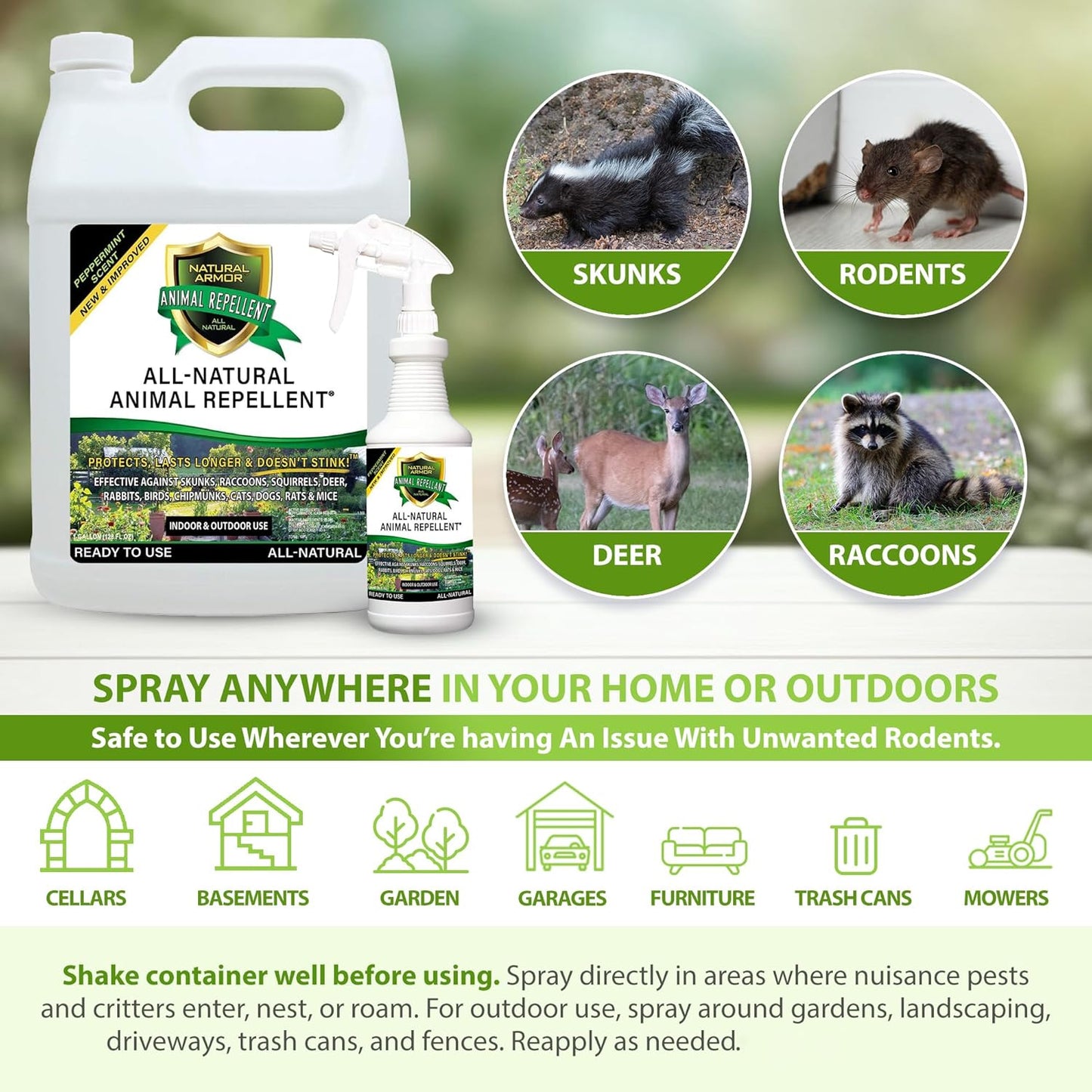 Natural Armor Animal & Rodent Repellent Spray. Repels Skunks, Raccoons, Rats, Mice, Deer Rodents & Critters. Repeller & Deterrent in Powerful Peppermint Formula – 128 Fl Oz Gallon Refill RTU