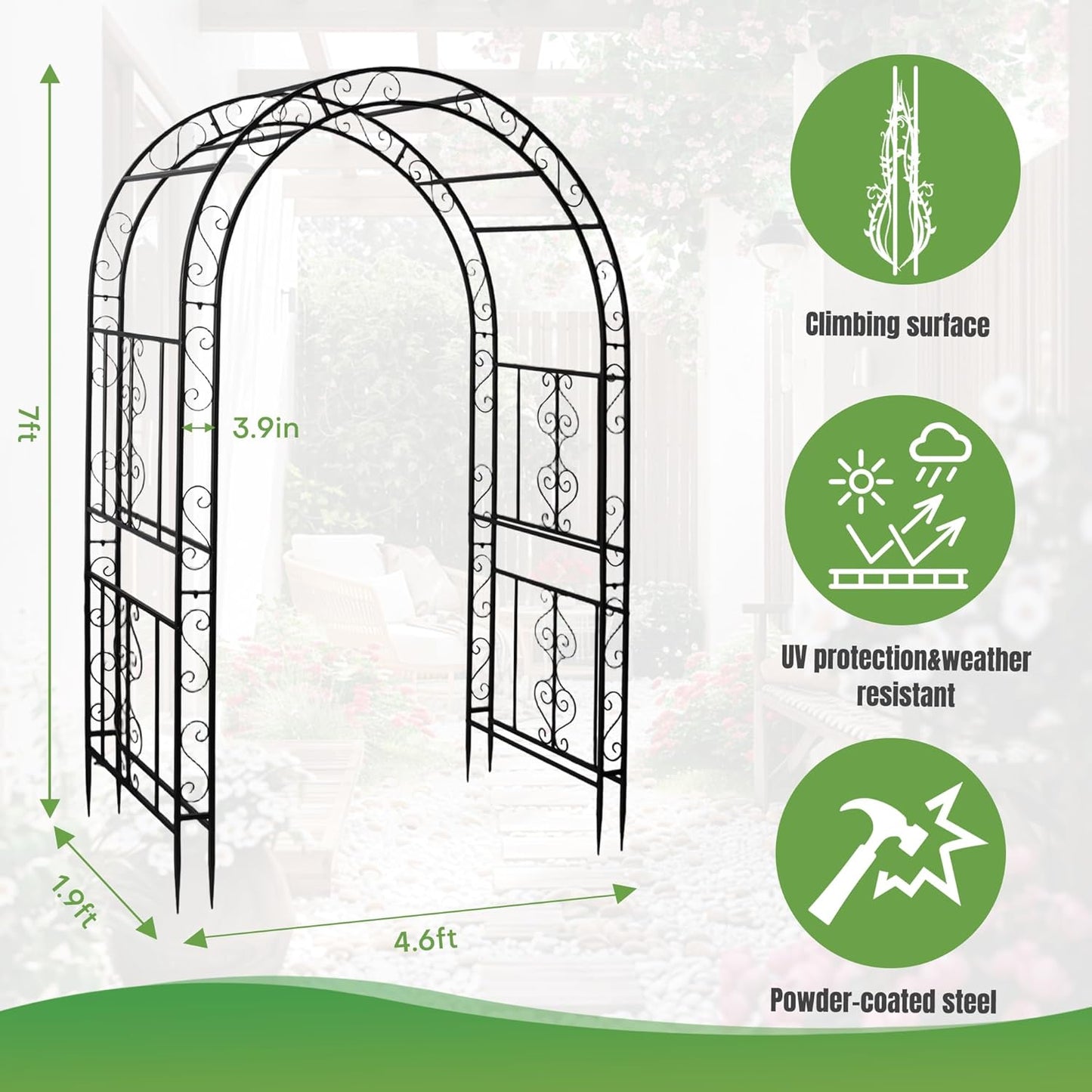 7FT Black Garden Arbor Trellis, Outdoor Metal Garden Arch for Climbing Plants Flowers Vines, Metal Lightweight Wedding Decoration Frame Archway for Lawn Bridal Party Ceremony Holiday Event