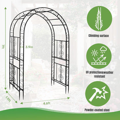 7FT Black Garden Arbor Trellis, Outdoor Metal Garden Arch for Climbing Plants Flowers Vines, Metal Lightweight Wedding Decoration Frame Archway for Lawn Bridal Party Ceremony Holiday Event