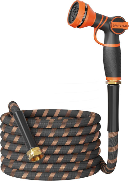 Giraffe Tools Garden Hose 25FT 1/2” Non-Expandable Lightweight Flexible Water Hoses Burst 600 psi with 9 Spray Function Nozzle Heavy Duty Hose