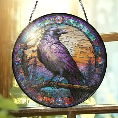FLAGWIX Christmas Raven Decor - Crow Stained Glass Window Hanging 10 in - Black Crow Sun Catchers Indoor Window for Gothic Home Decor, The Raven Gifts for Women Friends Family, Christmas Decorations