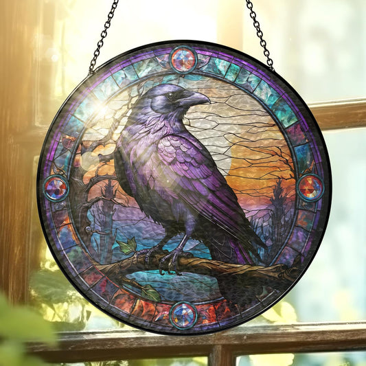 FLAGWIX Christmas Raven Decor - Crow Stained Glass Window Hanging 10 in - Black Crow Sun Catchers