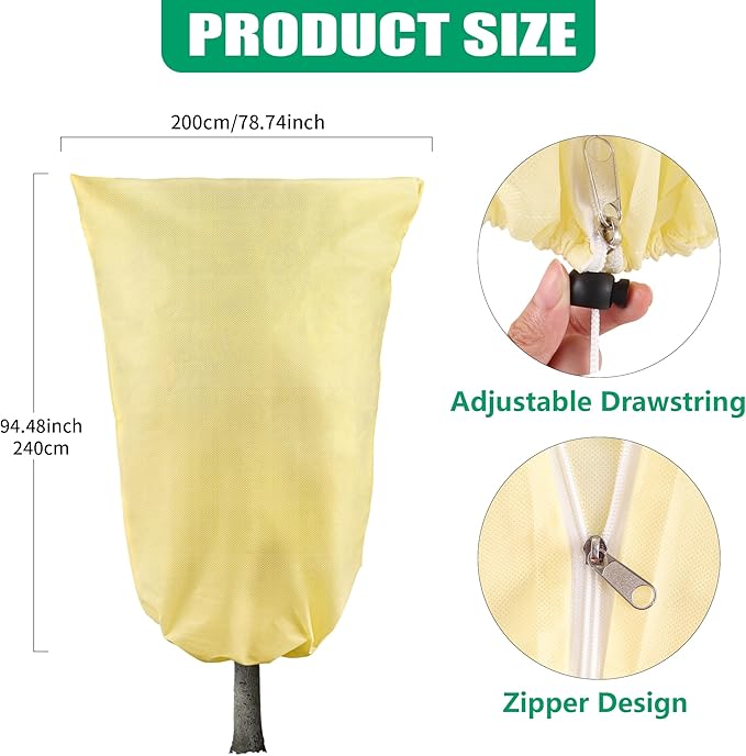 Plant Covers Freeze Protection, 1 Pack 78''× 95'' Beige Frost Cloths Blankets with Zipper Drawstring Shrub Tree Covers for Winter Outdoor Plants Freeze Protection