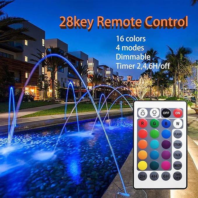 Pond Lights with Timer, Colored Fountain Lights IP68 Waterproof Pond Light, Underwater LED Dimmable Outdoor Lights for Fish Tank Pond Fountain Garden Landscape, 2 Lights