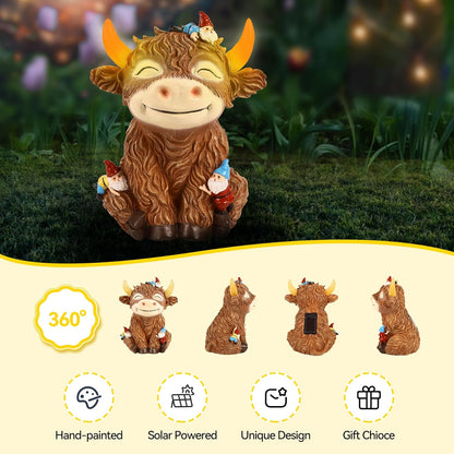 Solar Garden Statue Highland Cow Figurine with Funny Gnomes Garden Outdoor Decor for Yard Patio Lawn Christmas Housewarming Gifts for Women,Mom,Grandma (Brown)