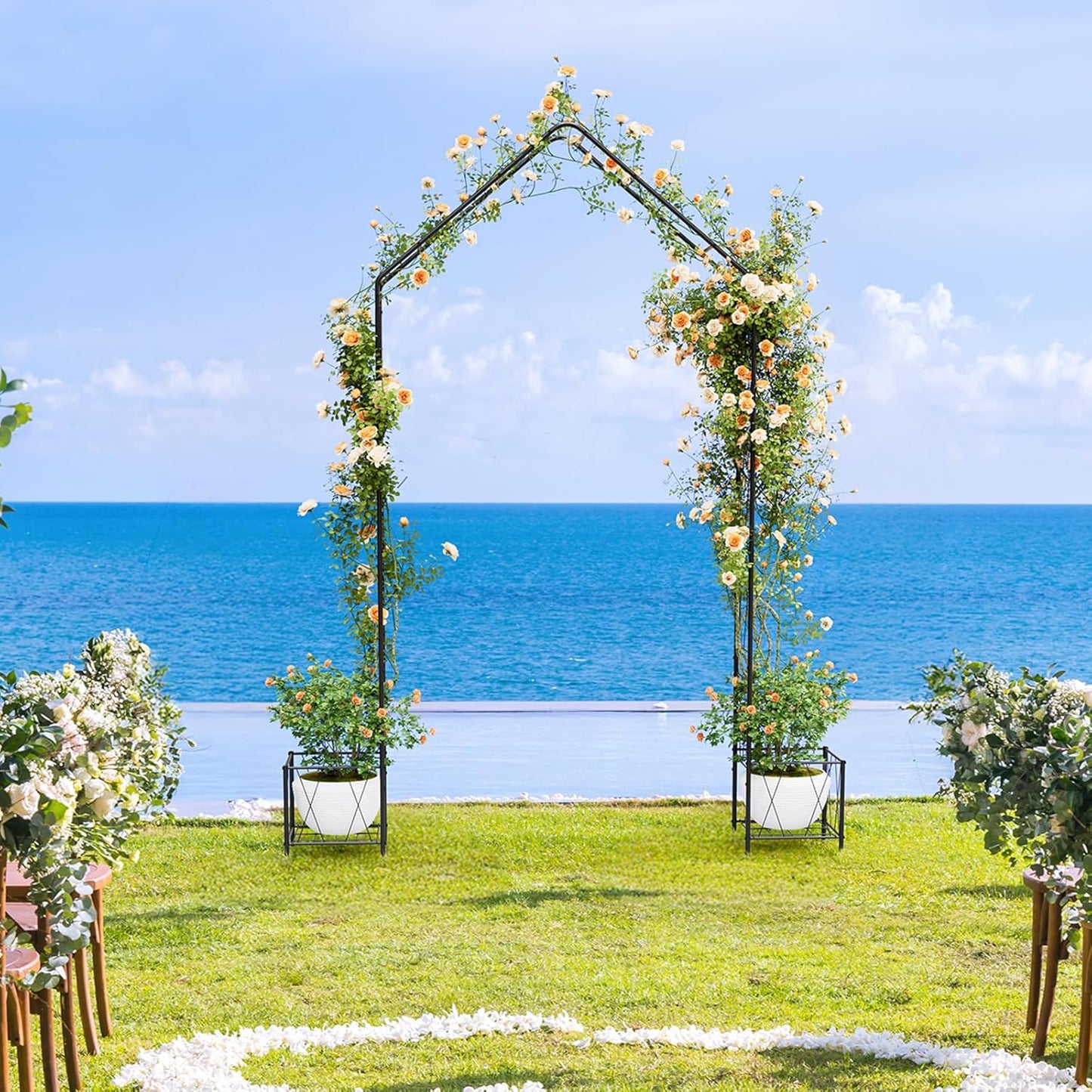 Vrisa Metal Garden Arch Trellis for Climbing Plants Outdoor 8.2 Ft Garden Arbor with Planter Boxes Wedding Arches for Ceremony Halloween Christmas Decoration Garden Archway for Party, Backyard, Lawn