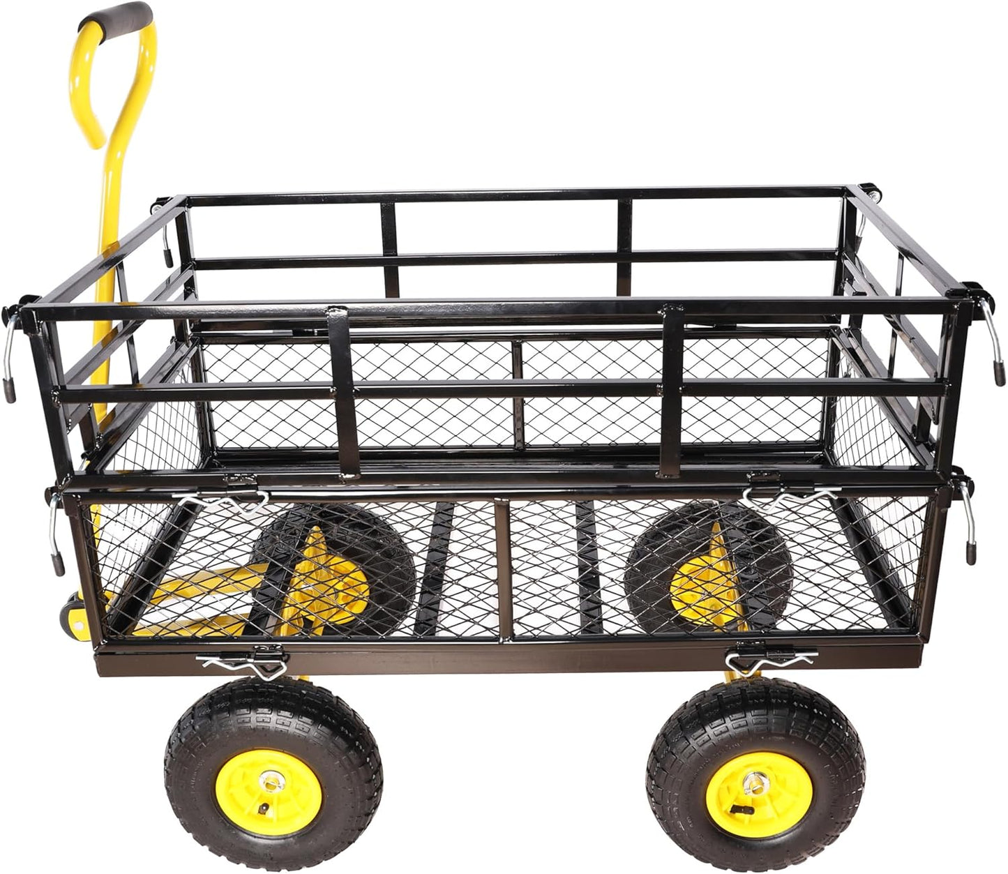 Heavy Duty Garden Wagon with Foldable Sides, Pneumatic Tires, Adjustable Handle (Yellow + Black Double Layer)