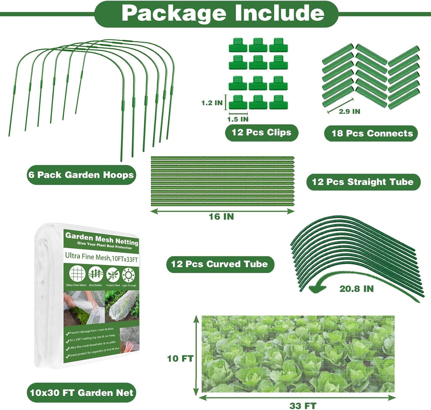 Garden Mesh Netting Kit, 10x33FT Ultra Fine Mesh Netting with 6 Sets Fiberglass Garden Hoops & 18 Clips for Tree Fruit Barrier Vegetable Fruits Flowers Shrubs Plant Covers Net