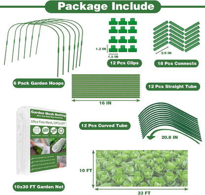 Garden Mesh Netting Kit, 10x33FT Ultra Fine Mesh Netting with 6 Sets Fiberglass Garden Hoops & 18 Clips for Tree Fruit Barrier Vegetable Fruits Flowers Shrubs Plant Covers Net