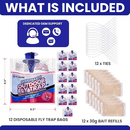Fly Traps Outdoor Fly Trap for Patio. 12 Non-Toxic Pre-Baited Flies Bags Outdoor Disposable. Hanging Bug Catchers for All Filth Flies Killer for Outside Bug Control in Yard Horse Ranch Trash Can