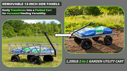 Yard Commander - Heavy Duty 1200lb Steel All Terrain Utility Cart, Garden Wagon, 9 cu ft Bed, Easy Assembly, Removable Side Panels, 45° Dump Angle, 2-in-1 Convertible Handle for Towing