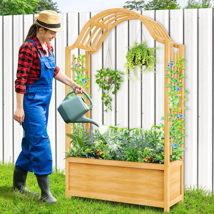 SUNYRISY Raised Garden Bed with Arch Trellis, Wooden Outdoor Vertical Planter Box for Climbing Plant Vine Flowers Vegetables, Planter Raised Bed with Hanging Roof and Drainage Holes