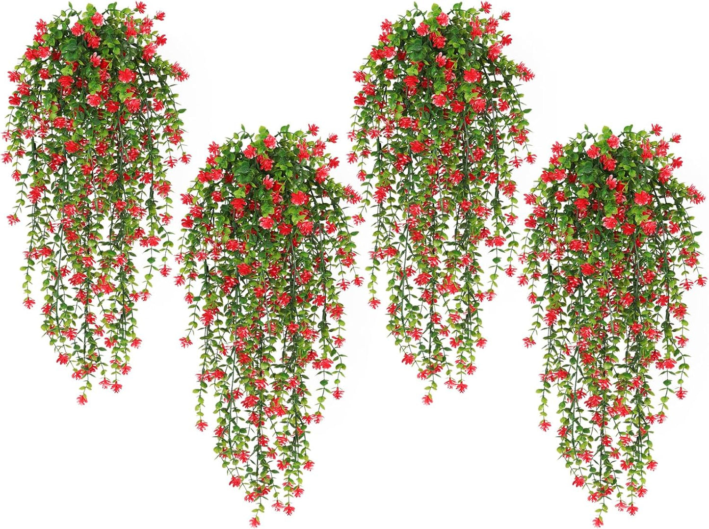 SJL Artificial Hanging Plant 4pcs Fake Hanging Plants Greenery Decor Plastic Flower Artificial Plants Indoor Fern Ivy Leaves Flowers Real Touch Stem for Wedding Party Outside Home (Red)