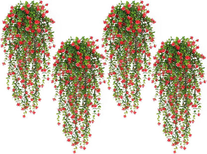 SJL Artificial Hanging Plant 4pcs Fake Hanging Plants Greenery Decor Plastic Flower Artificial Plants Indoor Fern Ivy Leaves Flowers Real Touch Stem for Wedding Party Outside Home (Red)