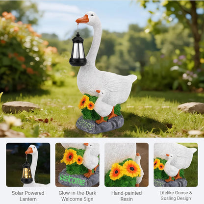 Solar Porch Goose Statue, Outdoor Goose Decor with Lantern for Yard Lawn Patio Balcony, Birthday Christmas Housewarming Gifts for Mom, Grandma, Women, 20 Inch, Resin