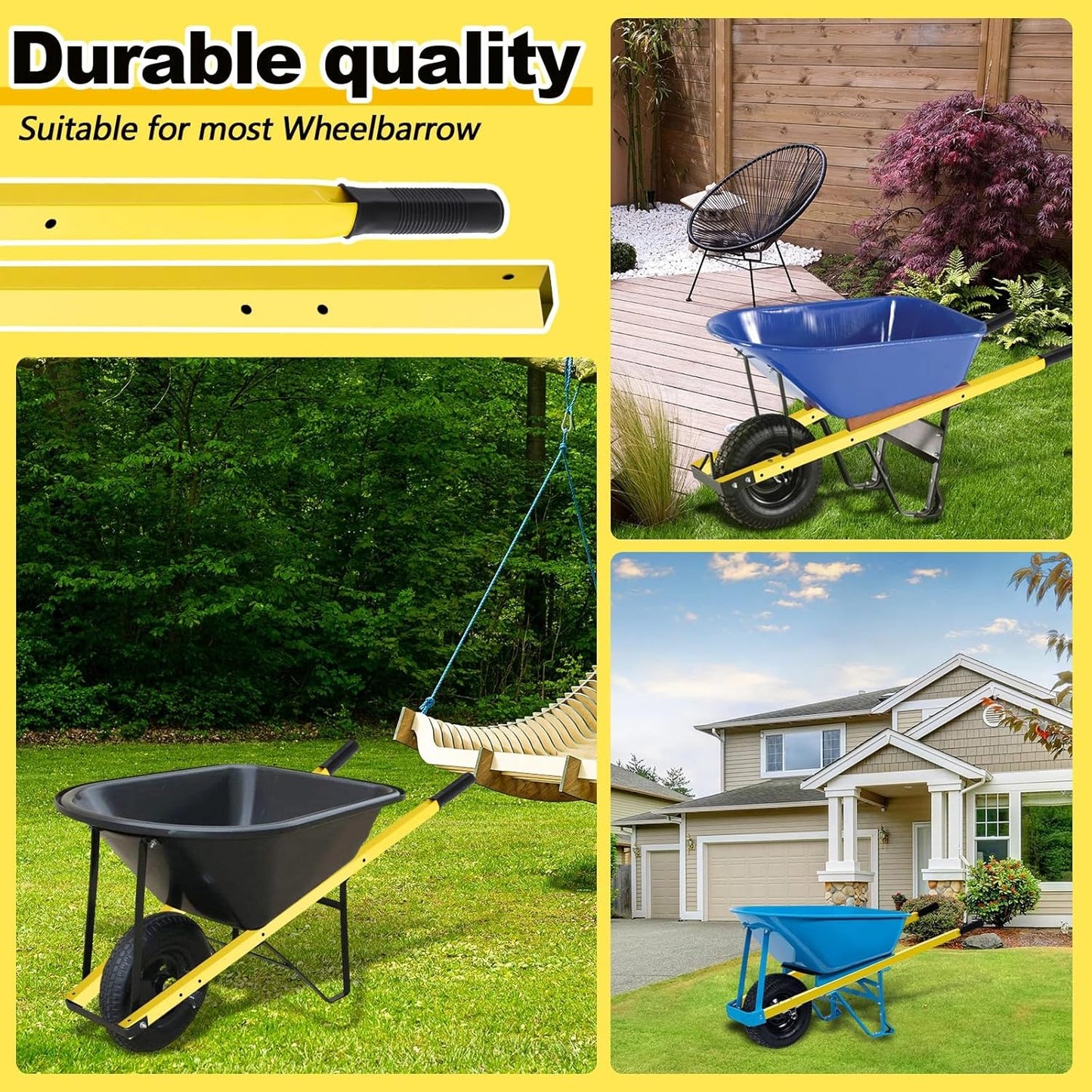Gisafai 2 Pair Wheelbarrow Replacement Handles Kit 60 Inches Metal Wheelbarrow Handles Heavy Duty Yellow, Easy Install