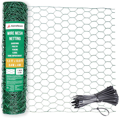 AlpineReach Chicken Wire 1.3ft x 13.5ft (15.6" x 162") for Floral Arrangements, Zip Ties - Green Mesh Roll Galvanized Hexagonal PVC Coated Garden Netting for Fencing, Crafts, Poultry, Gardening Fence