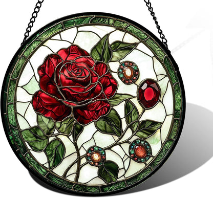 Stained Glass Window Hanging, Red Rose Gemstone Green Sun Catchers Diamond Glass Panel Hangings Suncatcher Decor for Birthday for Women, Men, Wife, Aunt, and Mom 9.8 in