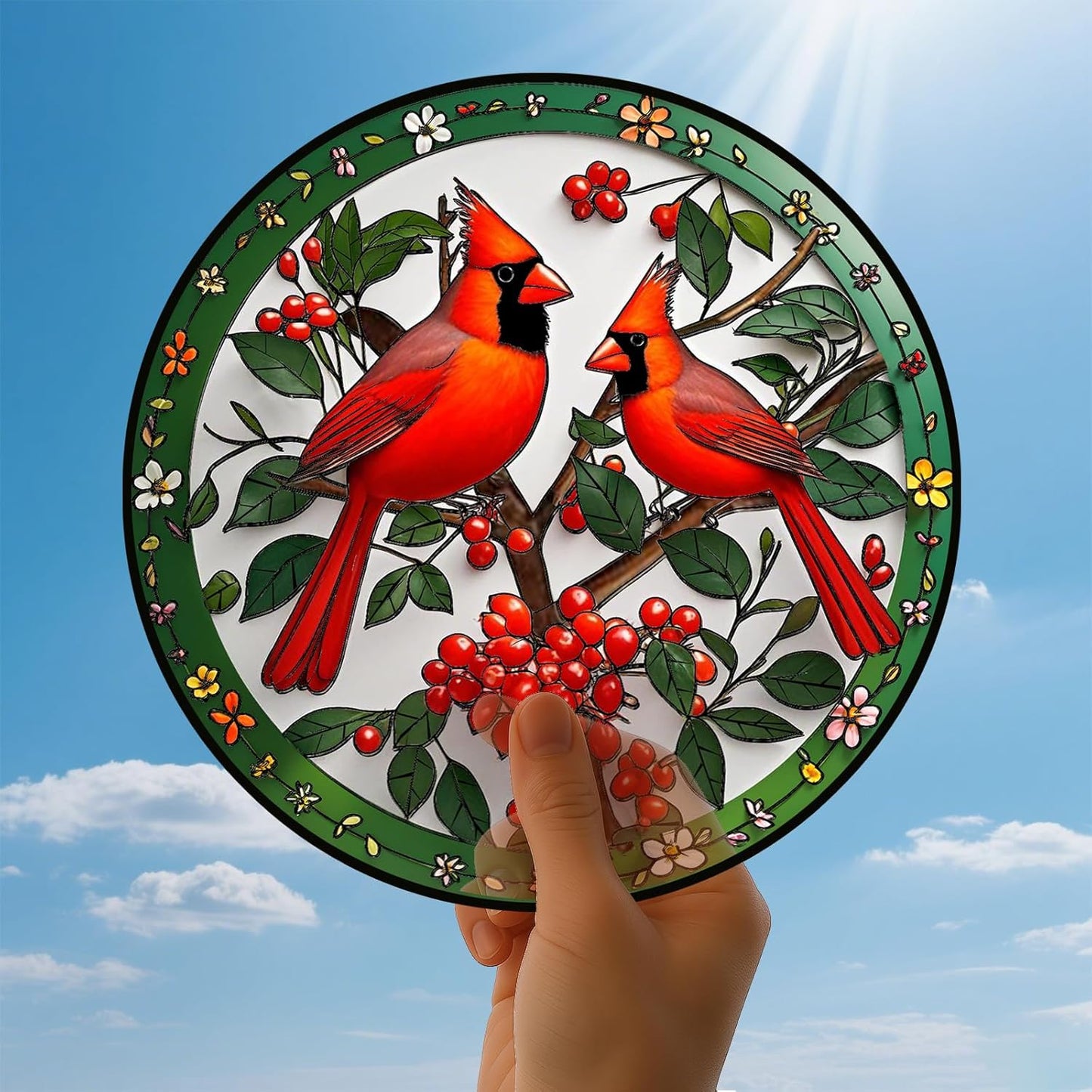 Cardinal Suncatchers for Windows Hanging - 8 in Stained Glass Sun Catchers Indoor Window, Suncatcher Stain Glass Window Hanging for Home Decor Wall Art, Gifts for Holiday