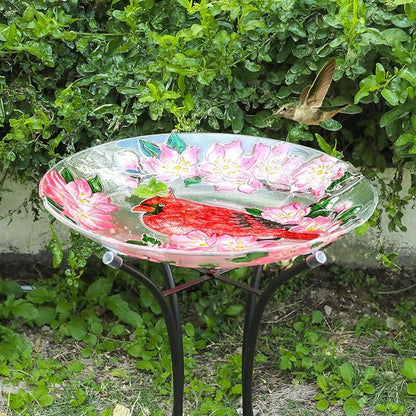 MUMTOP Outdoor Glass Birdbath with Metal Stand for Outside Lawn Yard Garden Cardinal Decor,18??Dia/21.65 Height