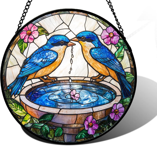 Stained Glass Window Hanging, 2 Blue Birds Suncatcher Diamond Glass Panel Hangings Bird Lover Sun