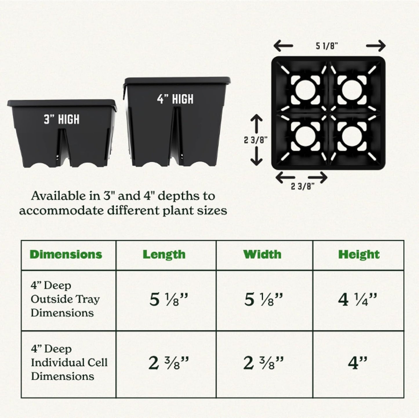 Epic Gardening Reusable Seed Starter Tray - 4 Cell 4"/64 Seedling Starter Trays - Easy Watering, Indoor Greenhouse, Plant Starter, Gardener-Friendly for Seedlings | UV-Treated & BPA-Free - Black