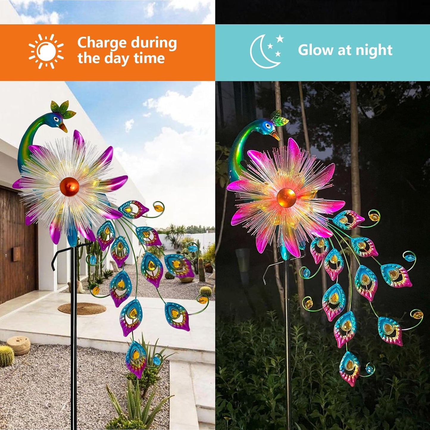 Solar 51" Peacock Wind Spinners for Yard and Garden, Metal Clearance Windmill Kinetic Wind Spinner Outdoor Decor, Wind Sculpture Yard Art Decorations for Patio, Lawn & Garden