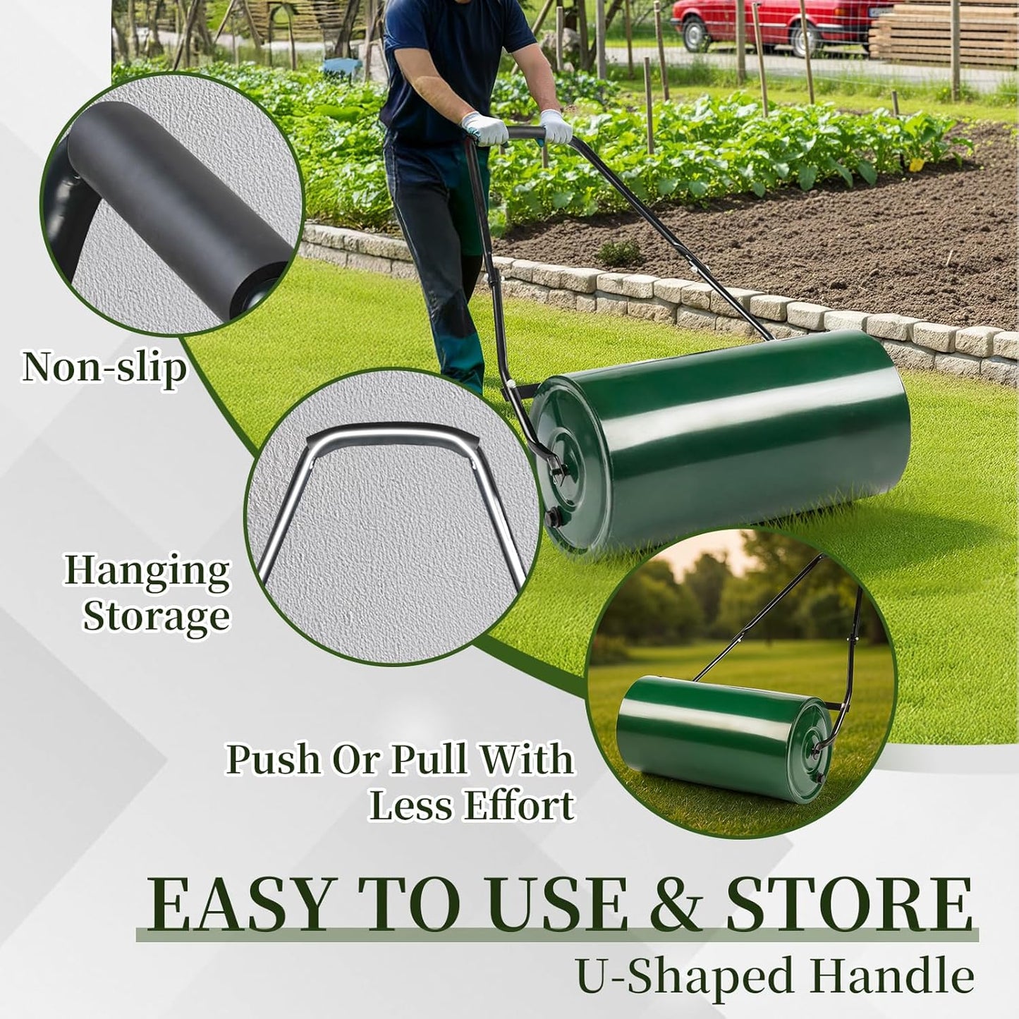 Outvita Lawn Roller, 13 Gallons Water and Sand Filled Garden Drum Roller with U Shaped Handle Tow beind Sod Roller for Planting, Seeding(Green ＆ Black)