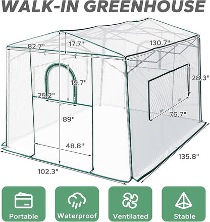 8.7'x 6.6'x 7' Small Walk-in Greenhouse for Outside & Indoor with 2 Roll-up Zipper Doors, 4 Ventilated Mesh Windows, Patio Plant Gardening Greenhouse for Backyard