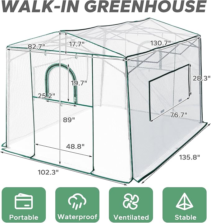 11'x 8.5'x 7.4' Walk-in Greenhouse for Outside & Indoor with 2 Roll-up Zipper Doors, 4 Ventilated Mesh Windows, Patio Plant Gardening Greenhouse for Backyard