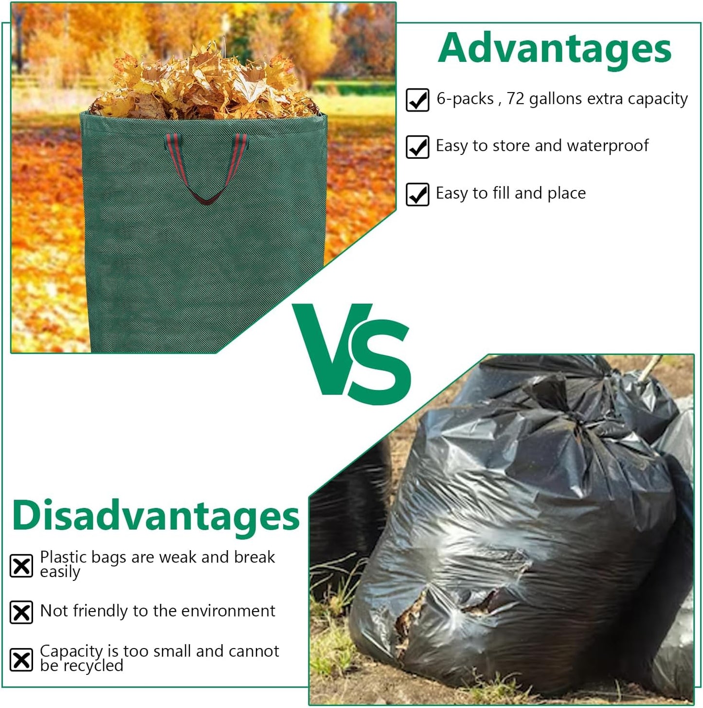 6 Pack 72 Gallons Reusable Garden Waste Bags with Coated Gloves, Heavy Duty Leaf Bags 4 Handles Lawn Yard Bags for Loading Leaf,Trash,Yard Waste Bags (H30" X D26")