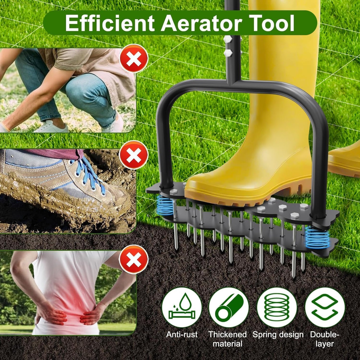Lawn Aerator -Aerator Lawn Tool with 14 Iron Spikes, Automatic Dirt and Leaf Clean with Spring-Loaded Design, Height Adjustable Metal Manual Aerator, Soil Loosening, Yard Aerating, Garden Tool
