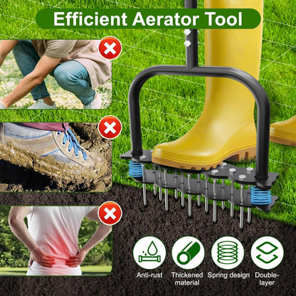 Lawn Aerator -Aerator Lawn Tool with 14 Iron Spikes, Automatic Dirt and Leaf Clean with Spring-Loaded Design, Height Adjustable Metal Manual Aerator, Soil Loosening, Yard Aerating, Garden Tool