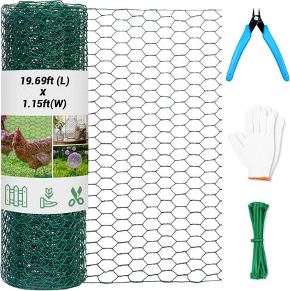 Chicken Wire Fence for Craft,13.78 x 236 Inch Lightweight Galvanized Hexagonal Chicken Wire Netting, Chicken Wire Mesh for Garden Poultry, Floral Chicken Wire Fencing with Gloves, Wire Ties and Plier