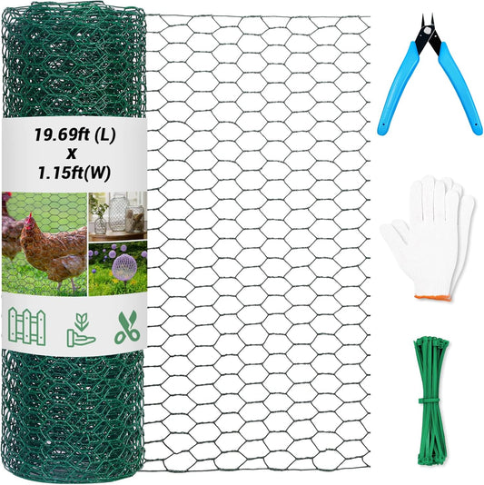 Chicken Wire Fence for Craft,13.78 x 236 Inch Lightweight Galvanized Hexagonal Chicken Wire Netting, Chicken Wire Mesh for Garden Poultry, Floral Chicken Wire Fencing with Gloves, Wire Ties and Plier
