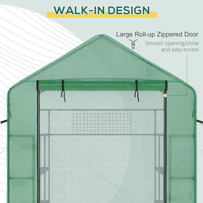 Outsunny 8' x 6' x 7' Walk-in Greenhouse with Mesh Door and Windows, 18 Shelf Green House with Trellis, Plant Labels, UV Protective for Growing Flowers, Herbs, Vegetables, Saplings, Green