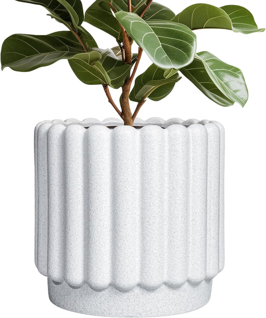 Ceramic Flower Pots - 12 Inch Plant Pot Indoor Outdoor, Fluted Large Ceramic Planters with Drainage Hole, Modern Round Planters, Apartment Decor, Plant Lover Gifts, White