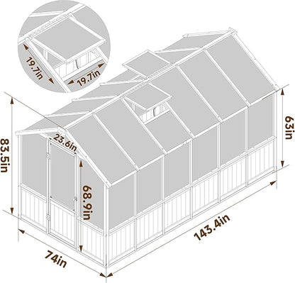 BlueWish 6x12FT Greenhouse, Wood Greenhouses with 6MM Thick Polycarbonate, Adjustable Vent, Cedar Frame, Greenhouse for Outside, Garden, Backyard,Light Brown Mocha