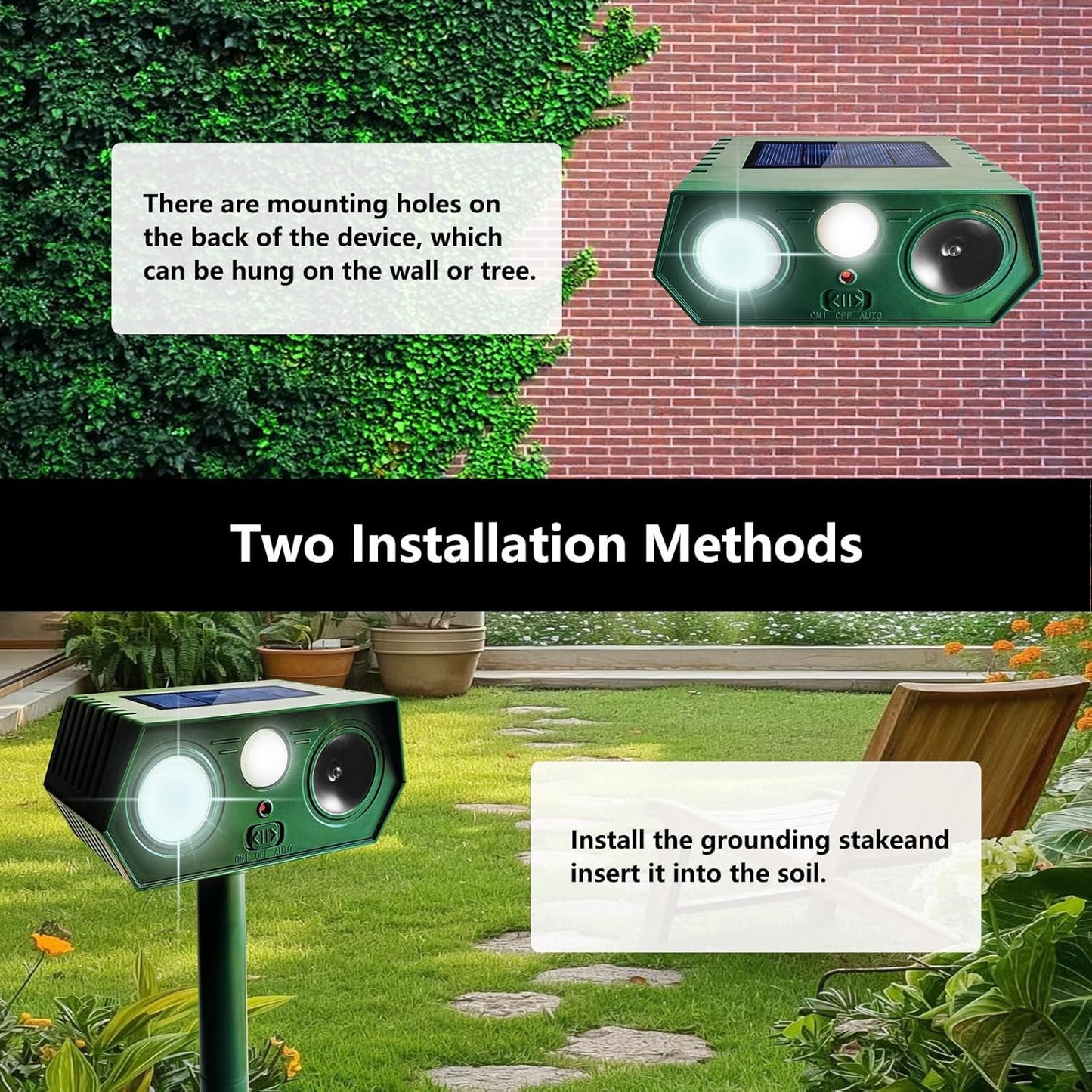 2025 Deer Repellent Devcies Solar Ultrasonic Animal Repellent Outdoor Waterproof Rabbit Repellent with PIR Motion Detection Flash Light for Dog, Cat, Bird, Squirrel, Skunk, Raccoon for Yard (4 Pack)