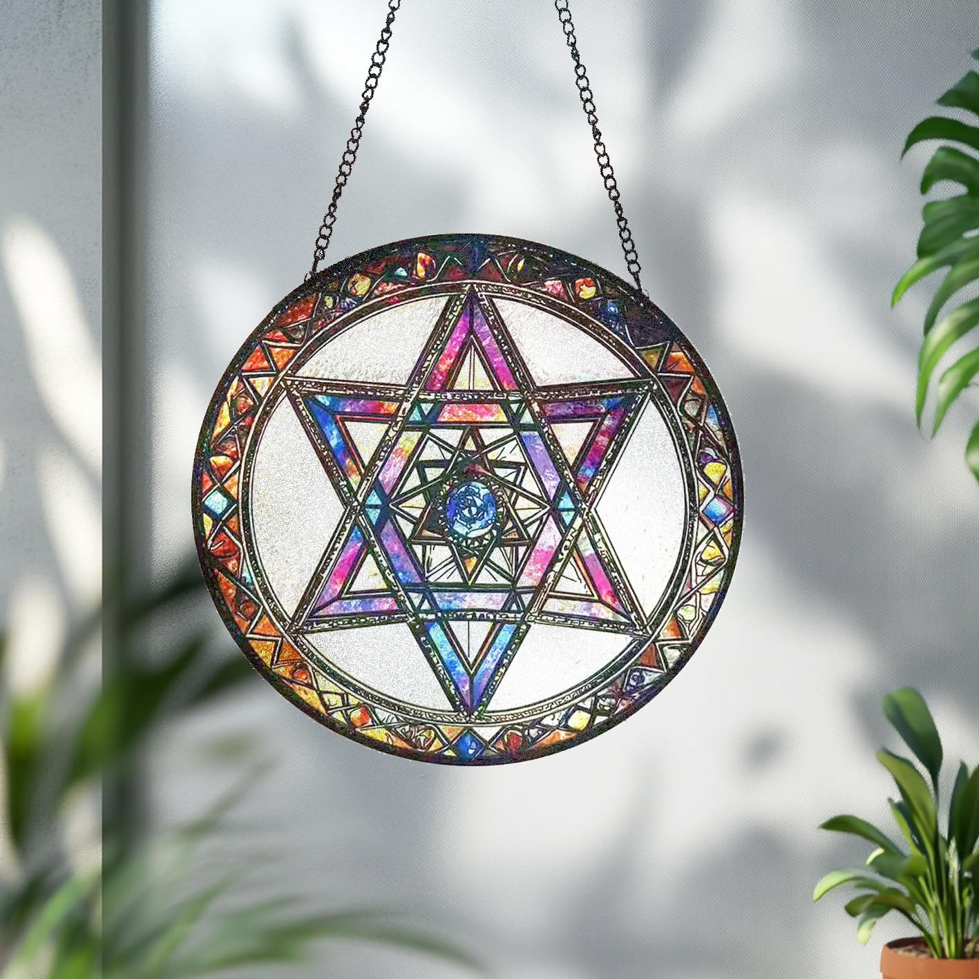 Star of David Suncatcher Stained Glass Window Hanging - 9.84inch Hand-Painted Sun Catcher Garden Hanging Decoration with Metal Chain Outdoor Garden Decor Gift for Women