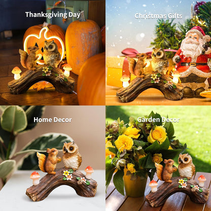 Solar Owl Garden Statues Outdoor Decor Resin Owl Squirrel Figurine with Mushroom Lights for Patio Lawn Yard Decorations Halloween Christmas Housewarming Gardening Gifts for Women Mom