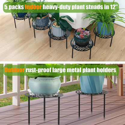 5-Pack 12” Heavy-duty Metal Plant Stands Large Flower Pot Holder for Indoor Outdoor Rust-proof Iron Potted Planter Stand Modern Round Corner Stand Shelf for Living Room Patio Garden Yard, Black