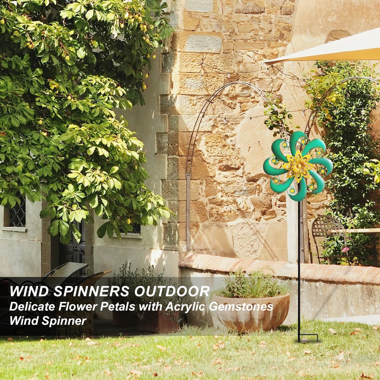 Flower Outdoor Metal Wind Spinner, Single-Layer Kinetic Garden Art with Vibrant Green Finish - Weatherproof Wind Sculpture for Lawn, Patio, Yard Decor - 10''W x 36''H
