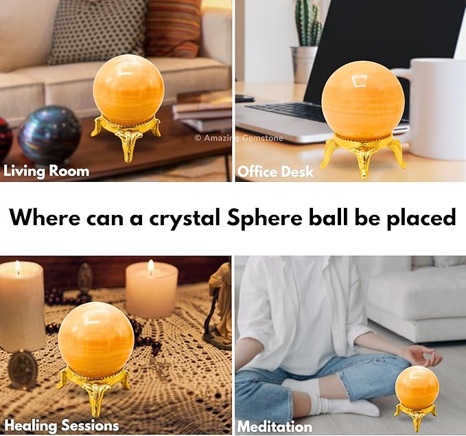 Amazing Gemstone Yellow Calcite Banded Crystal Ball with Stand - 2 Inches Crystal Sphere Meditation Balls for Witchcraft and Decorative Balls