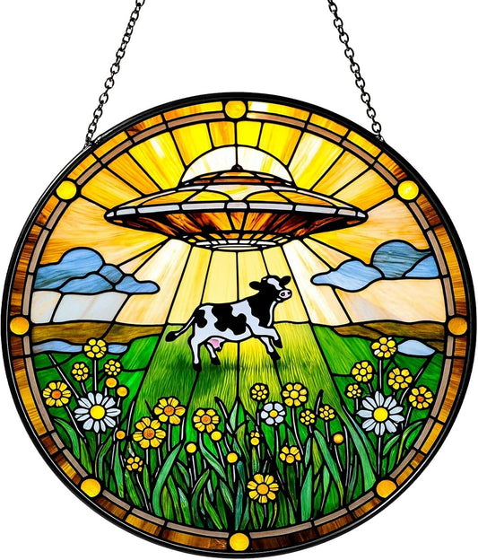 Cow Wildflowers Stained Glass Window Hanging UFO Abduction Sun Catcher Funny Gifts for Women Room